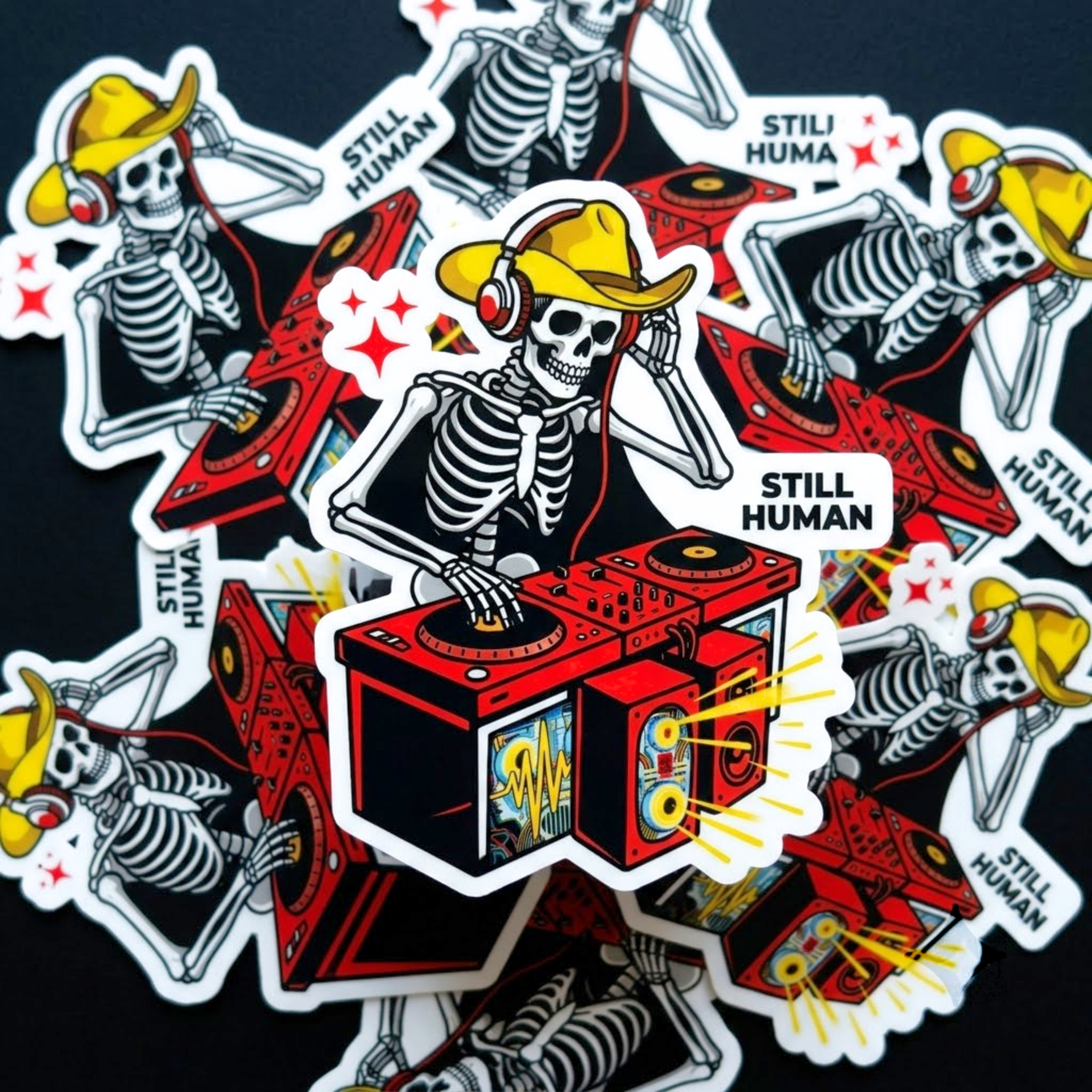 Custom die-cut stickers featuring a skeleton DJ in a yellow cowboy hat and headphones mixing on a red turntable.
