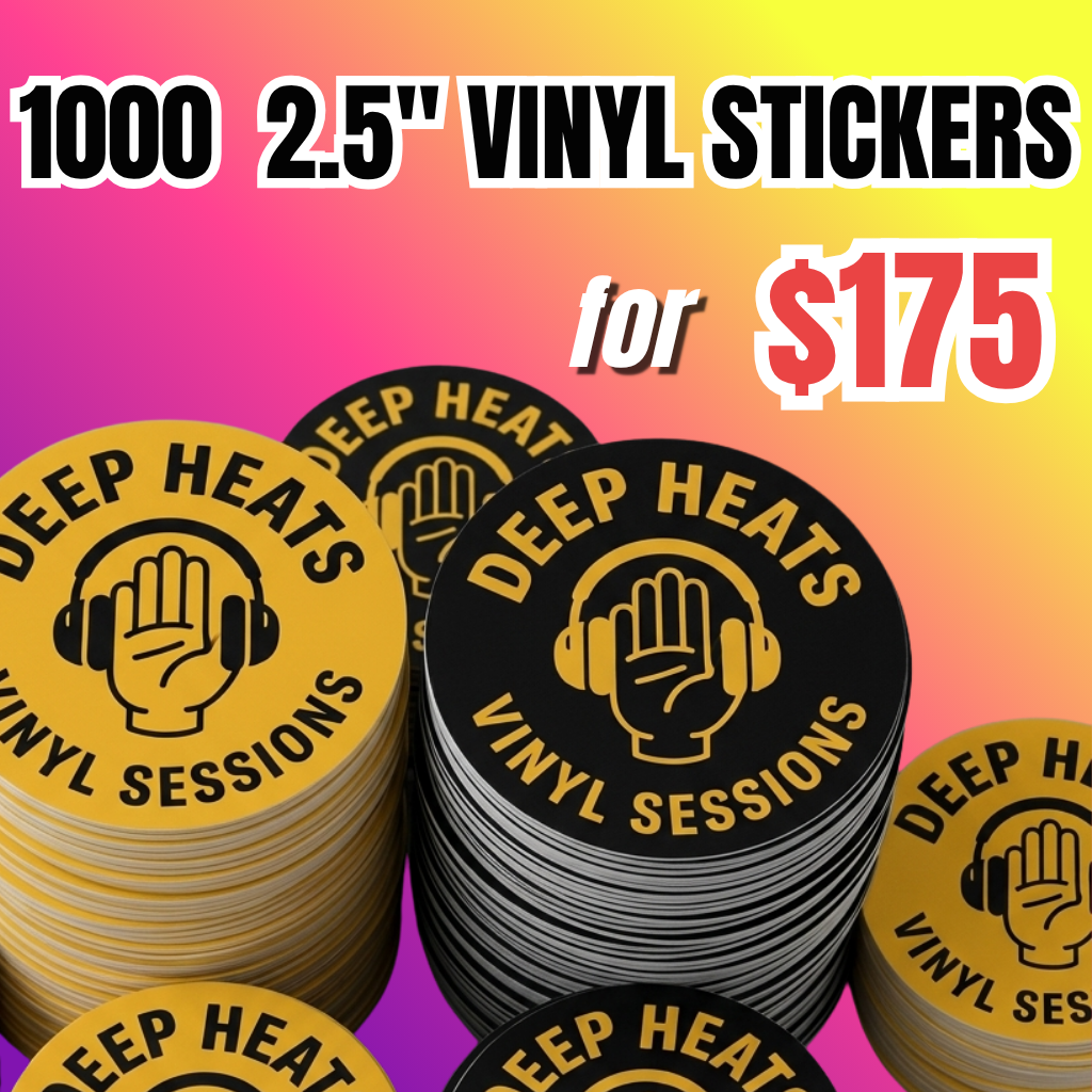 Bulk wholesale custom vinyl stickers showing 1000 pieces of 2.5-inch round stickers for $175, designed for high-volume branding and business use.