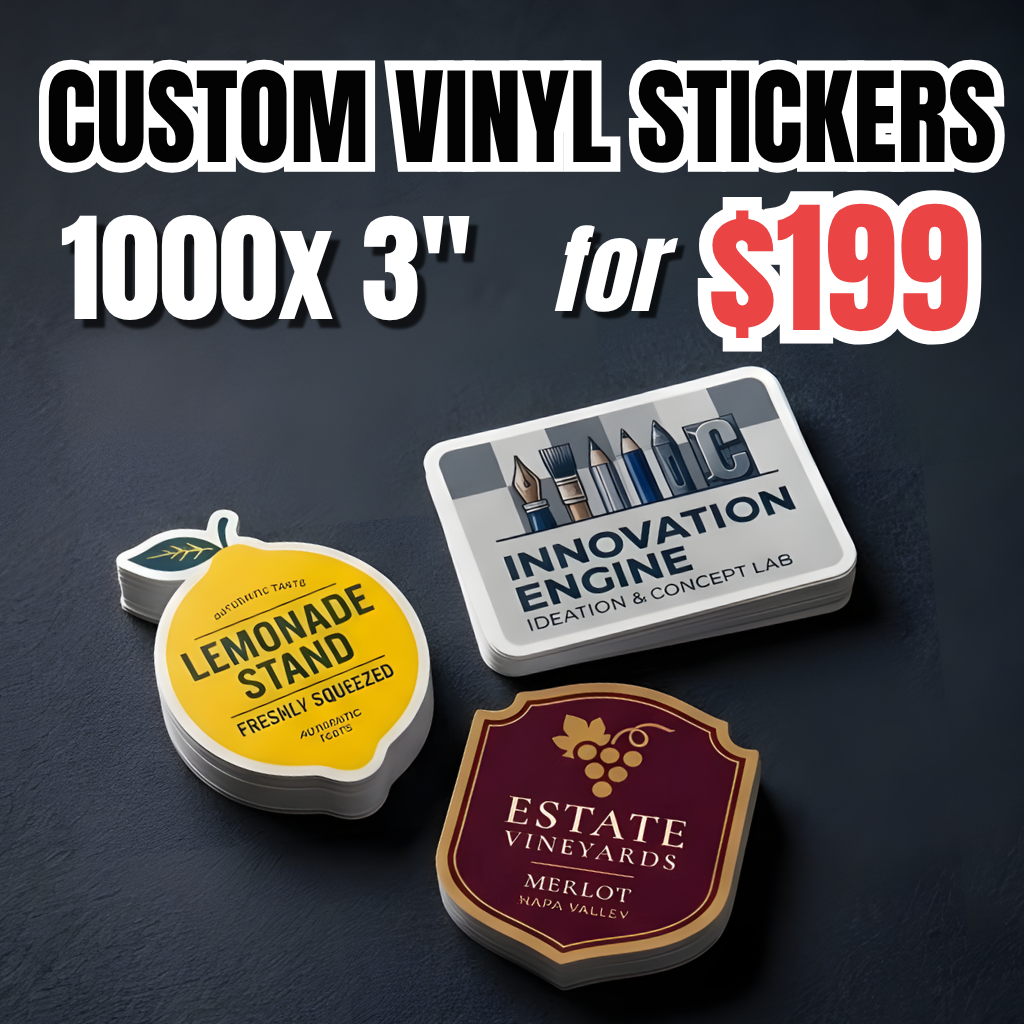 Bulk vinyl stickers deal: 1000 pieces custom of  3-inch vinyl sticker pack for $199. Stack of  custom vinyl stickers with different branded designs, showing a bulk sticker order option for businesses and large-volume projects.
