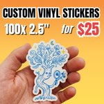 Hand holding a custom 2.5-inch vinyl sticker with blue tree illustration, promoting a deal for 100 custom vinyl stickers for $25.