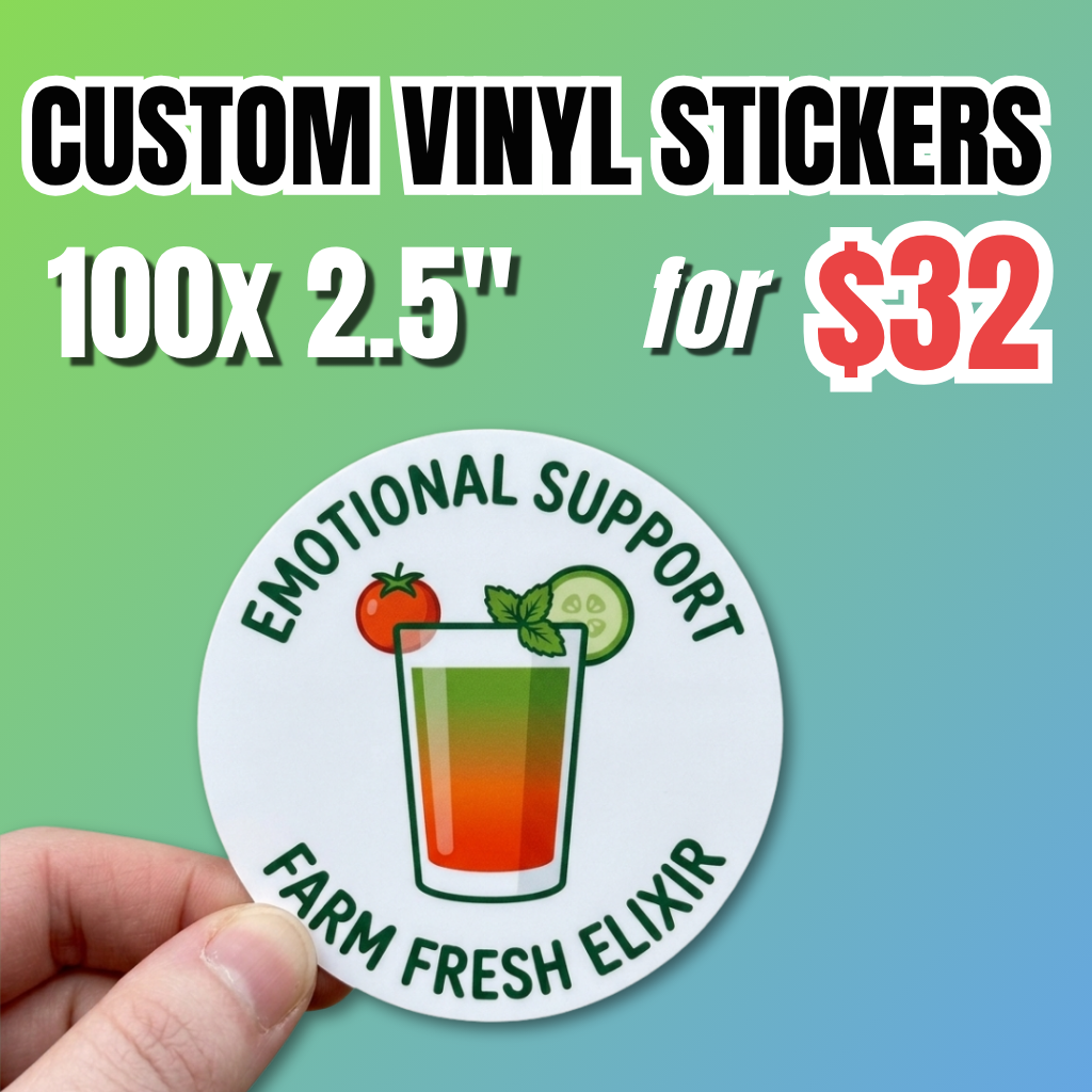 Cover image promoting 100 custom 2.5-inch vinyl stickers for $32, made with waterproof vinyl for branding, packaging, and promotional use.