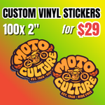Bulk vinyl stickers deal: 100 pieces custom of  2-inch vinyl sticker pack for $29. Custom vinyl stickers with a motorcycle design, ideal for testing designs, logos, and creative sticker projects.