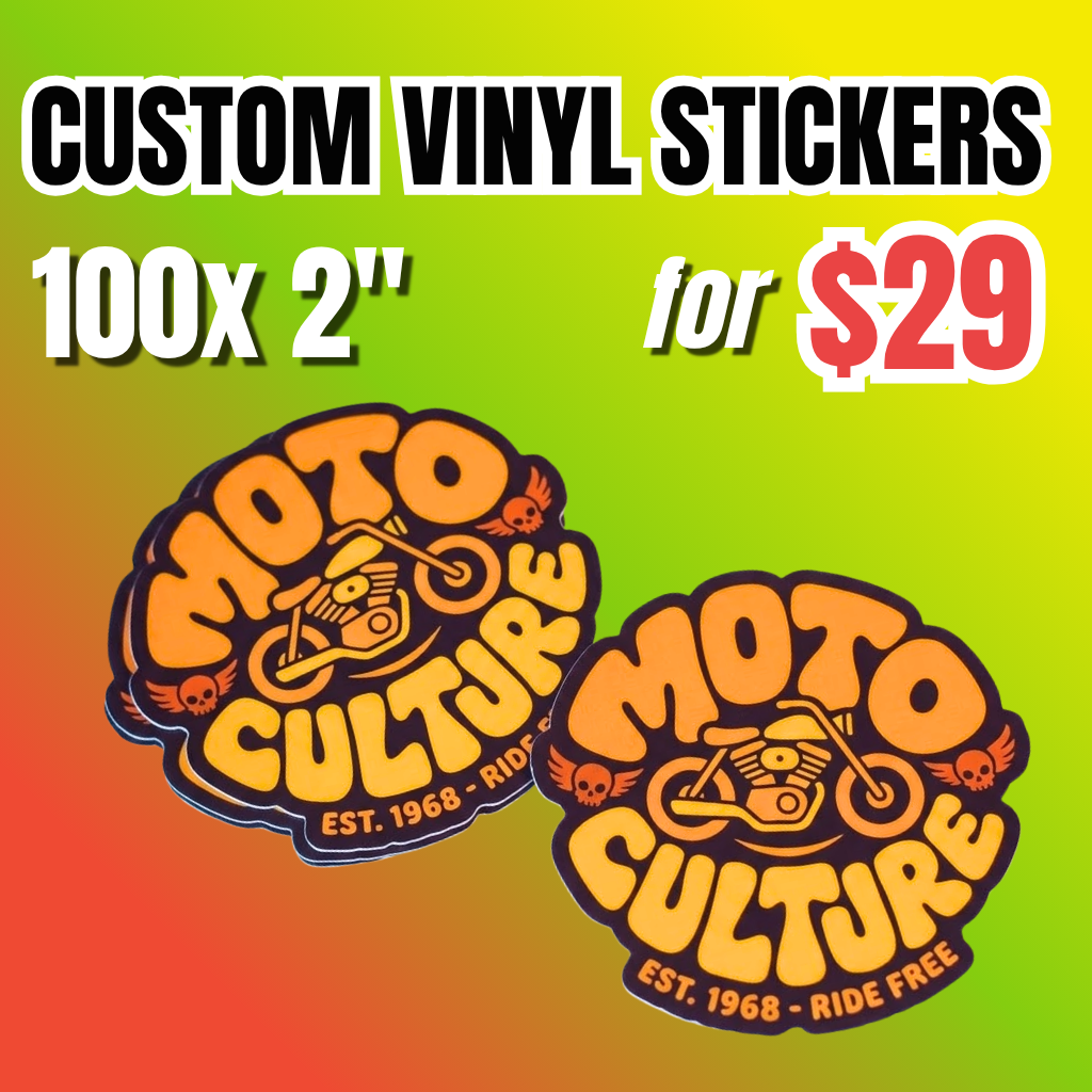 Bulk vinyl stickers deal: 100 pieces custom of  2-inch vinyl sticker pack for $29. Custom vinyl stickers with a motorcycle design, ideal for testing designs, logos, and creative sticker projects.