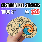 Promotional deal for glow-in-the-dark stickers:100 pieces custom of  3-inch vinyl sticker pack for $25. Hand holding custom waterproof vinyl stickers featuring surfing logo designs