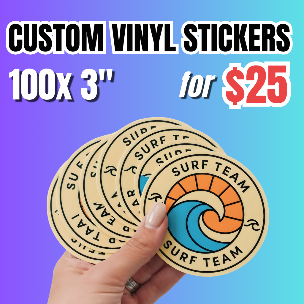 Promotional deal for glow-in-the-dark stickers:100 pieces custom of  3-inch vinyl sticker pack for $25. Hand holding custom waterproof vinyl stickers featuring surfing logo designs