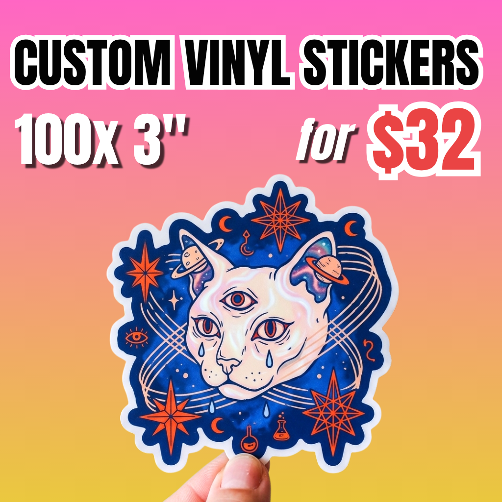 Hand holding a custom 3-inch vinyl sticker with a cat and space-themed illustration, promoting a deal of 100 stickers for $32.