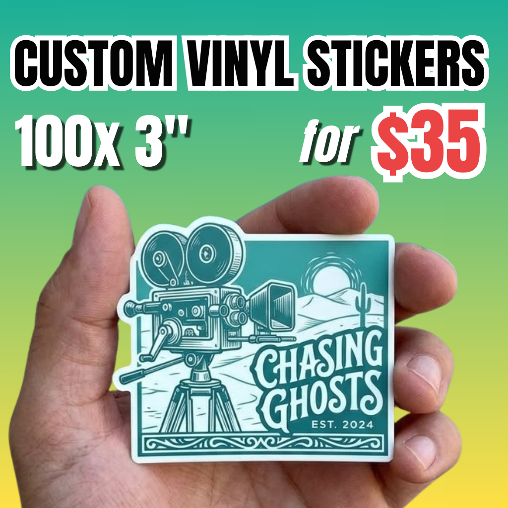 Custom 3 inch vinyl stickers entry deal showing 100 pieces for $35, waterproof die-cut sticker with vintage camera illustration held in hand.