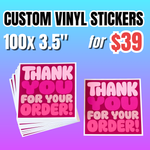 Bulk vinyl stickers deal: 100 pieces custom of  3.5-inch vinyl sticker pack for $39. Custom square stickers with large thank you designs,i deal for branding, packaging, thank you cards, and promotional use.
