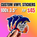 Bulk vinyl stickers deal: 100 pieces custom of  3.5-inch vinyl sticker pack for $45. Custom die cut stickers with vibrant illustration of Dolphin Haven Pacific designs,  having a sharp white die-cut border and showcasing a premium outdoor-safe vinyl sticker finish.