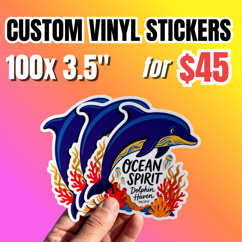 Bulk vinyl stickers deal: 100 pieces custom of  3.5-inch vinyl sticker pack for $45. Custom die cut stickers with vibrant illustration of Dolphin Haven Pacific designs,  having a sharp white die-cut border and showcasing a premium outdoor-safe vinyl sticker finish.