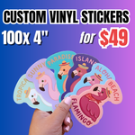 Bulk vinyl stickers deal:100 pieces custom of  4-inch vinyl sticker pack for $49. Custom waterproof vinyl stickers featuring colorful flamingo designs