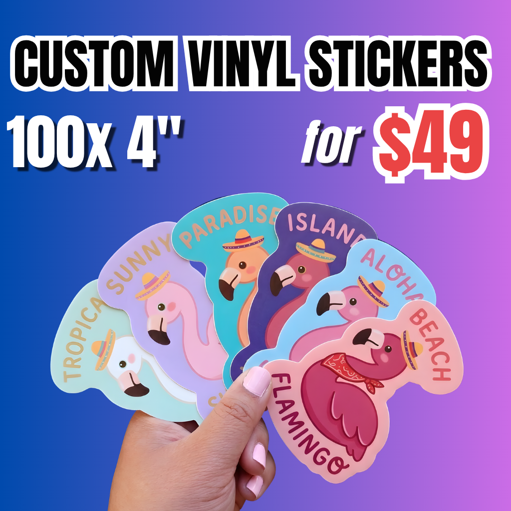 Bulk vinyl stickers deal:100 pieces custom of  4-inch vinyl sticker pack for $49. Custom waterproof vinyl stickers featuring colorful flamingo designs
