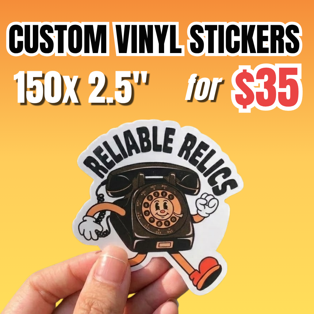 Custom vinyl stickers deal showing 150 pieces of 2.5-inch stickers for $35, with a hand-held  vintage rotary phone character  die-cut sticker on a orange background. 