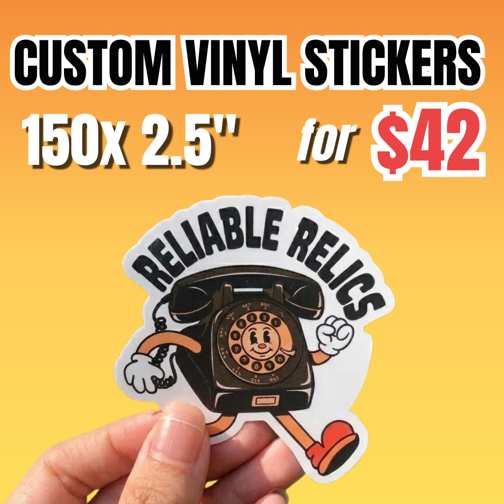 Custom vinyl stickers deal showing 150 pieces of 2.5-inch stickers for $42, with a hand-held  vintage rotary phone character  die-cut sticker on a orange background. 