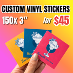 Bulk vinyl stickers deal with limited-time discount: 150 pieces custom of 3-inch vinyl sticker pack for $45, showing hand holded three custom square stickers with fresh drink logo for small business.