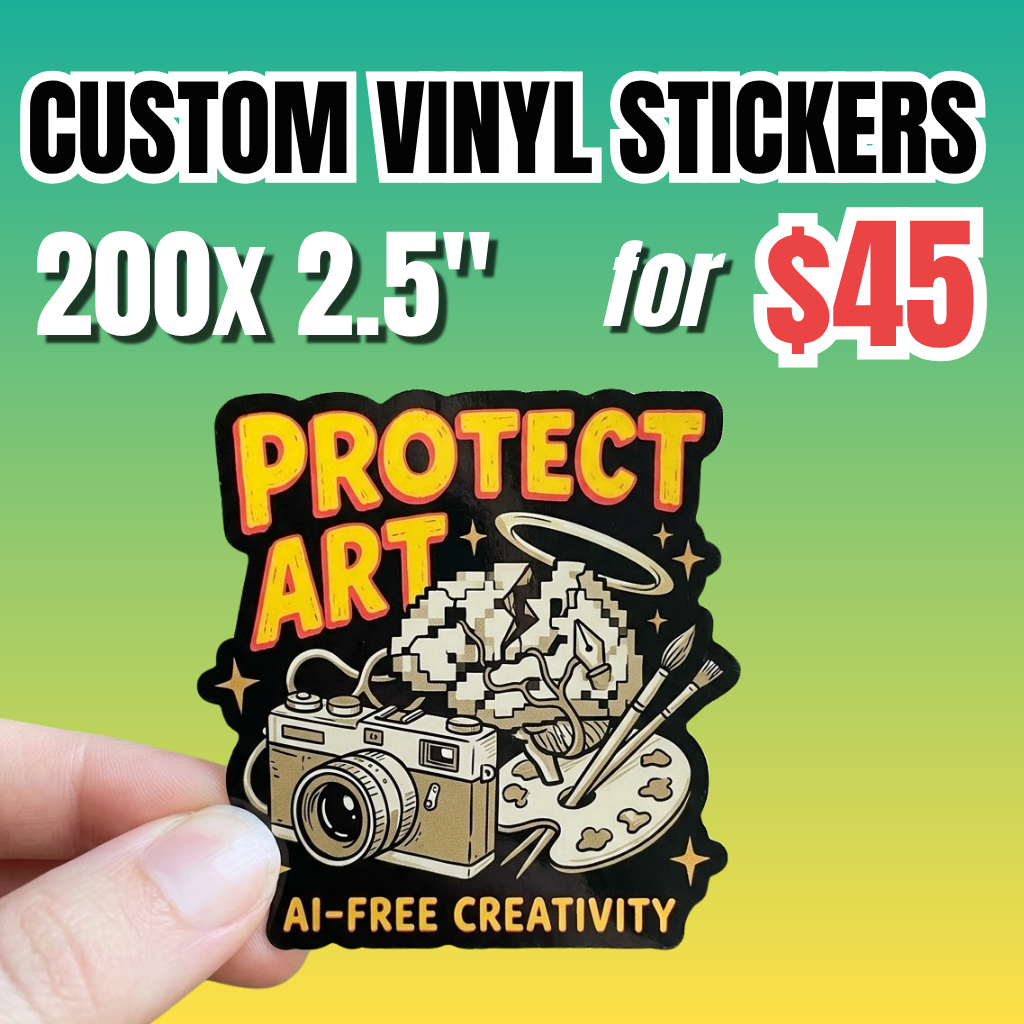 Custom waterproof vinyl stickers deal showing 200 pieces of 2.5-inch stickers for $45, with a hand-held  a die cut premium vinyl sticker featuring the bold text "PROTECT ART", and camera design.