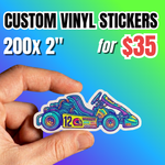 Bulk vinyl stickers deal: 200 pieces custom of  2-inch vinyl sticker pack for $35. Custom die cut stickers with a colorful motorcycle design, ideal for logos, and small business projects.