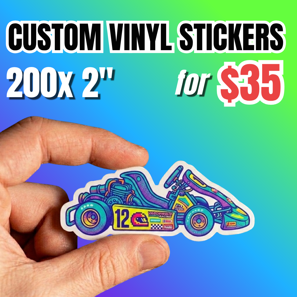 Bulk vinyl stickers deal: 200 pieces custom of  2-inch vinyl sticker pack for $35. Custom die cut stickers with a colorful motorcycle design, ideal for logos, and small business projects.