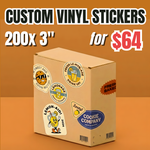 Custom 3-inch vinyl stickers displayed on a package box, ideal for branding, packaging, and small business use. Bulk vinyl stickers deal: 200 pieces custom of 3-inch vinyl sticker pack for $64. 
