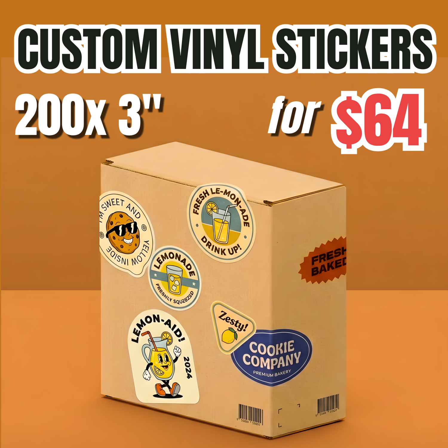 Custom 3-inch vinyl stickers displayed on a package box, ideal for branding, packaging, and small business use. Bulk vinyl stickers deal: 200 pieces custom of 3-inch vinyl sticker pack for $64. 