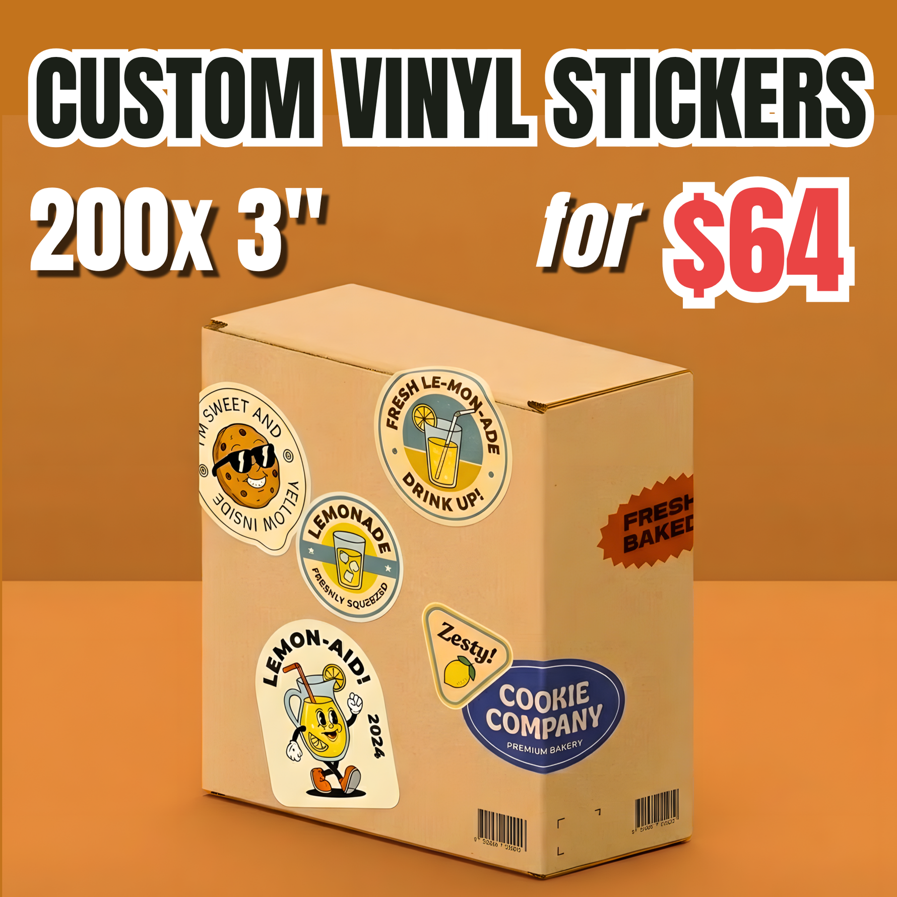 Custom 3-inch vinyl stickers displayed on a package box, ideal for branding, packaging, and small business use. Bulk vinyl stickers deal: 200 pieces custom of 3-inch vinyl sticker pack for $64. 