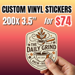 Bulk vinyl stickers deal: 200 pieces custom of  3.5-inch vinyl sticker pack for $74. Custom vinyl stickers for coffee branding with a vintage style.