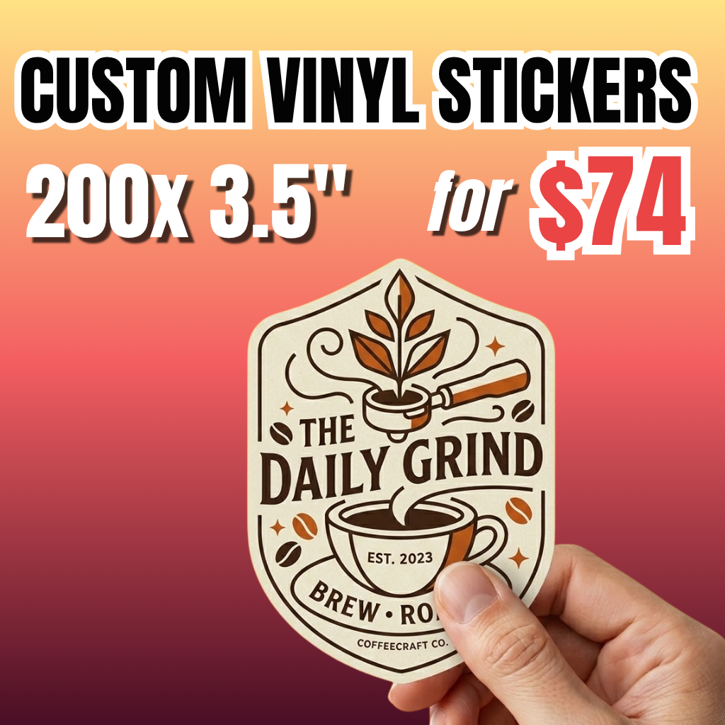 Bulk vinyl stickers deal: 200 pieces custom of  3.5-inch vinyl sticker pack for $74. Custom vinyl stickers for coffee branding with a vintage style.