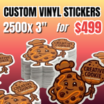 Bulk vinyl stickers deal: 2000 pieces custom of  3-inch vinyl sticker pack for $499. Large quantity custom vinyl stickers stacked together, showcasing consistent print quality for growing brands, businesses, and promotional projects.
