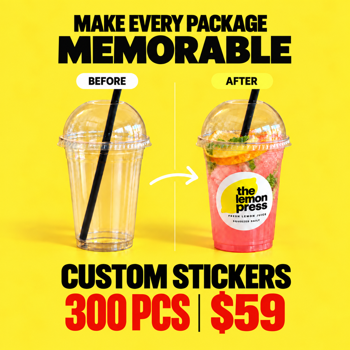Custom 2.5 inch vinyl stickers bulk deal with 300 assorted round stickers for $59, waterproof durable logo stickers for premium packaging displayed.