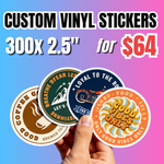 Custom 2.5 inch vinyl stickers bulk deal with 300 assorted round stickers for $64, waterproof durable logo stickers in multiple designs for branding displayed in hand.