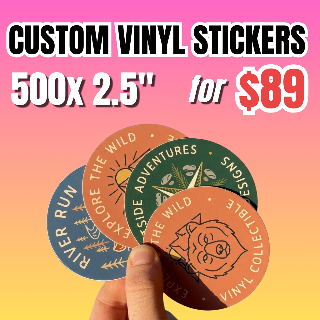 Custom waterproof vinyl stickers deal with limited-time discount: Bulk custom vinyl sticker pack showing 500 pieces of 2.5-inch round stickers for $89, featuring assorted colorful designs displayed in hand on a gradient background.