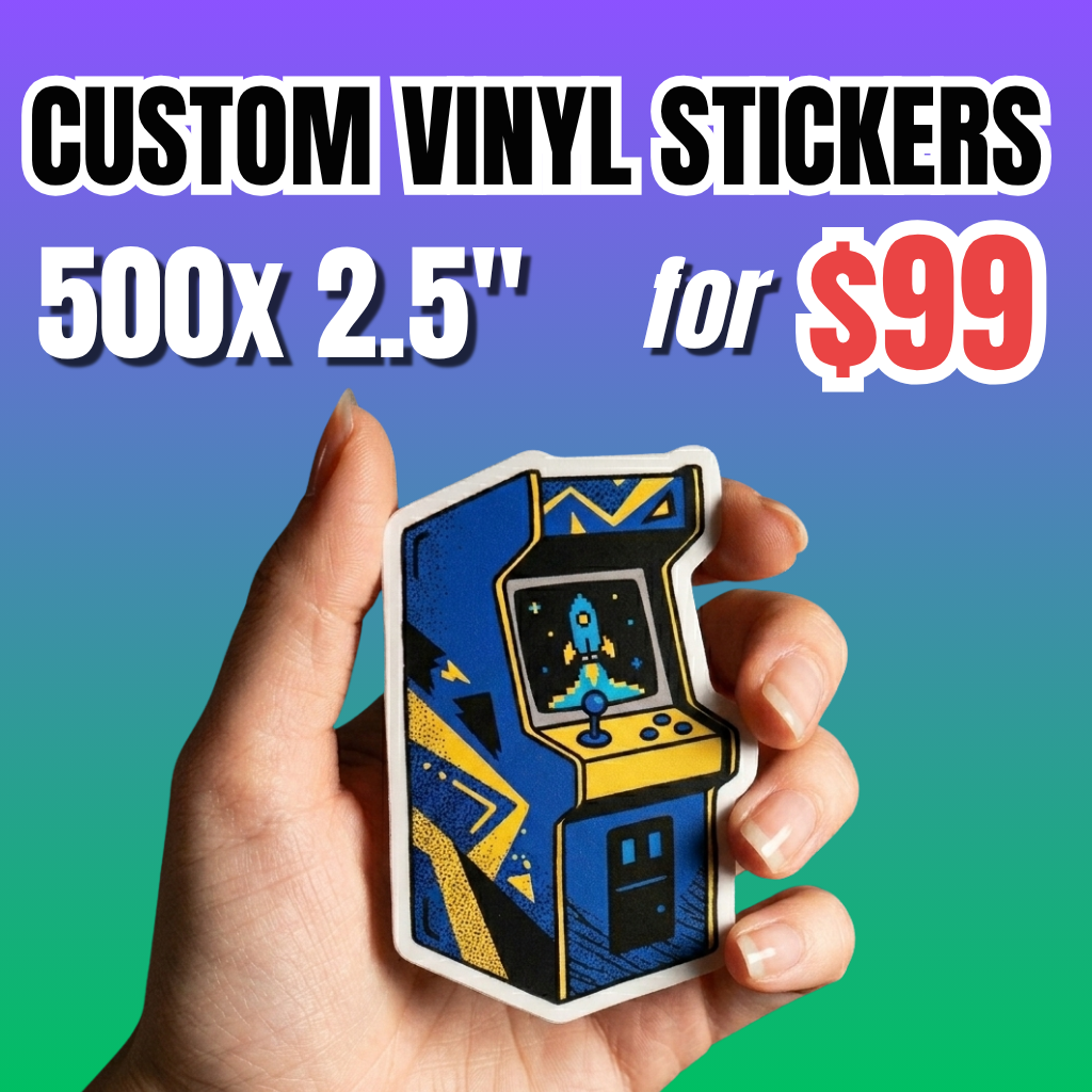 Custom 2.5 inch vinyl stickers bulk deal with 500 pieces for $99, durable waterproof sticker featuring retro arcade machine illustration held in hand, fast turnaround sticker deal.