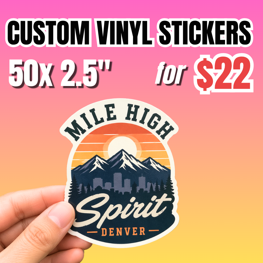 Hand holding a mountain adventure-themed die-cut sticker, promoting 50 pieces of 2.5-inch custom vinyl stickers for $22.