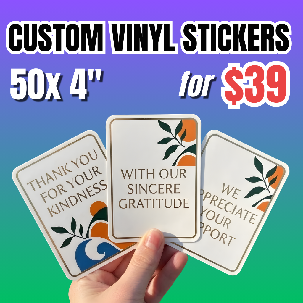 Bulk vinyl stickers deal: 50 pieces custom of  4-inch vinyl sticker pack for $39. Custom thank-you stickers for promotional use.