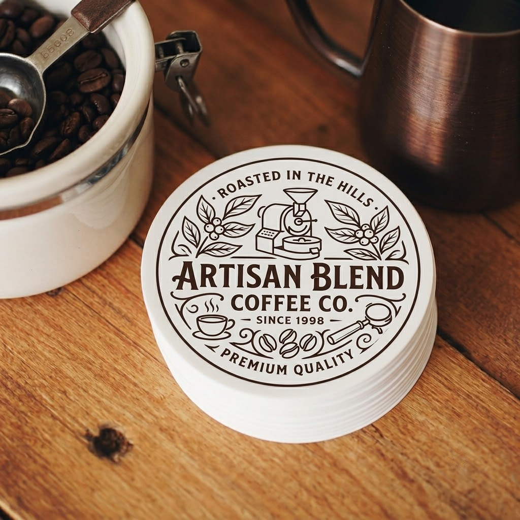 Stack of premium custom vinyl stickers used for coffee brand packaging, illustrating bulk orders for scalable business branding and product labeling.