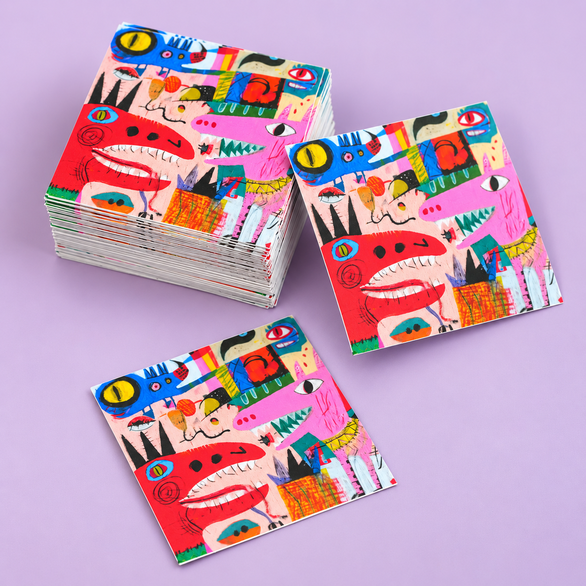 Bulk order custom vinyl stickers with vibrant full-color printing, showing stacks of professionally printed stickers for large quantity orders.