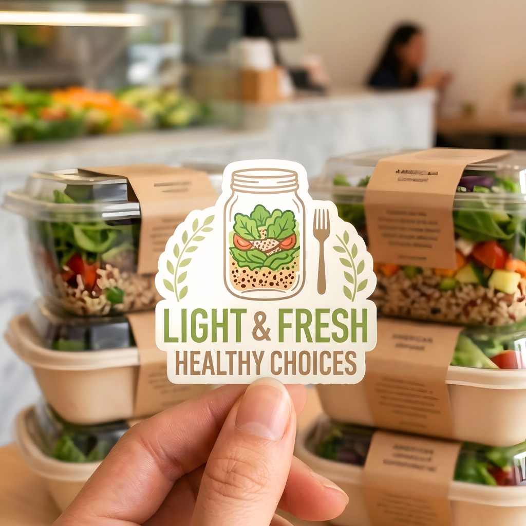 Hand holding a custom vinyl sticker on fresh food packaging, showcasing durable and consistent branding used in retail and meal prep packaging.