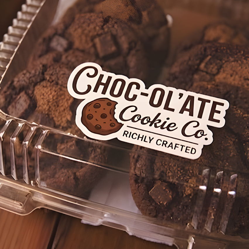 Custom vinyl sticker applied to cookie packaging, showing how small businesses use stickers for product branding and packaging labels.
