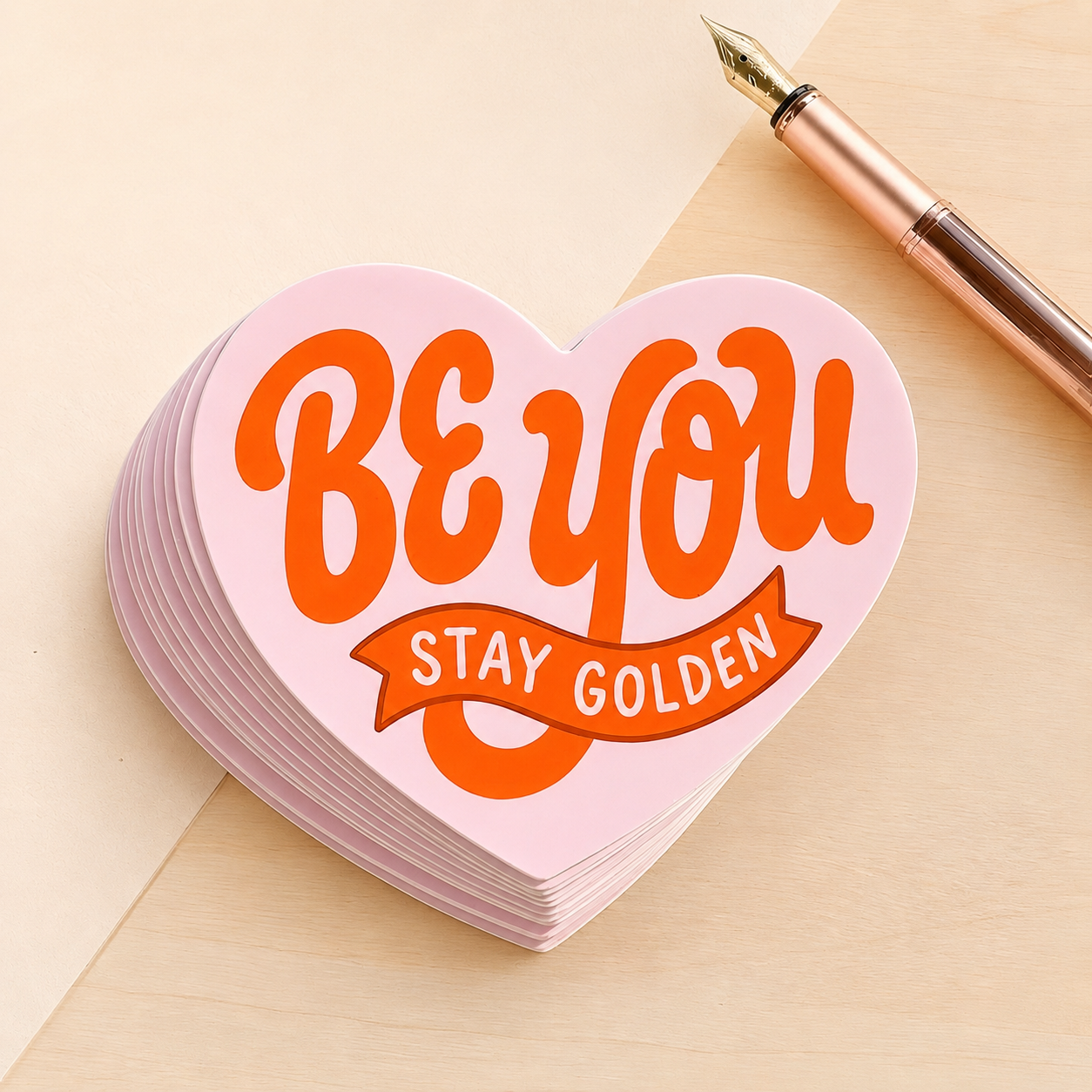 Stack of heart-shaped custom vinyl stickers with an orange logo design