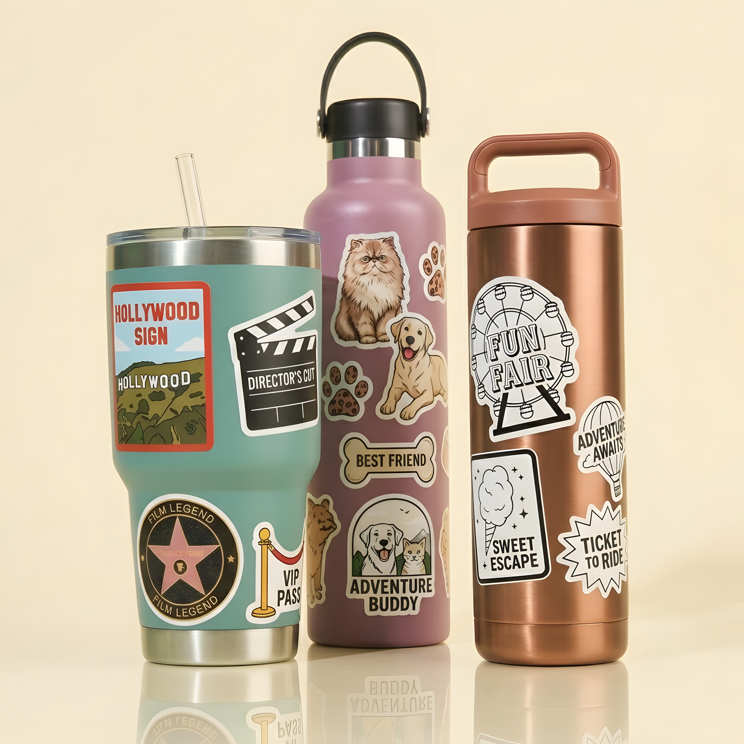 Waterproof custom vinyl stickers on tumblers and water bottles, featuring durable die-cut sticker designs for decoration, branding, and outdoor use.