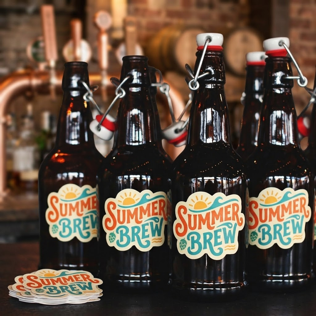 Custom vinyl stickers applied to beverage bottles, showing branded product labels for small business packaging and product promotion.