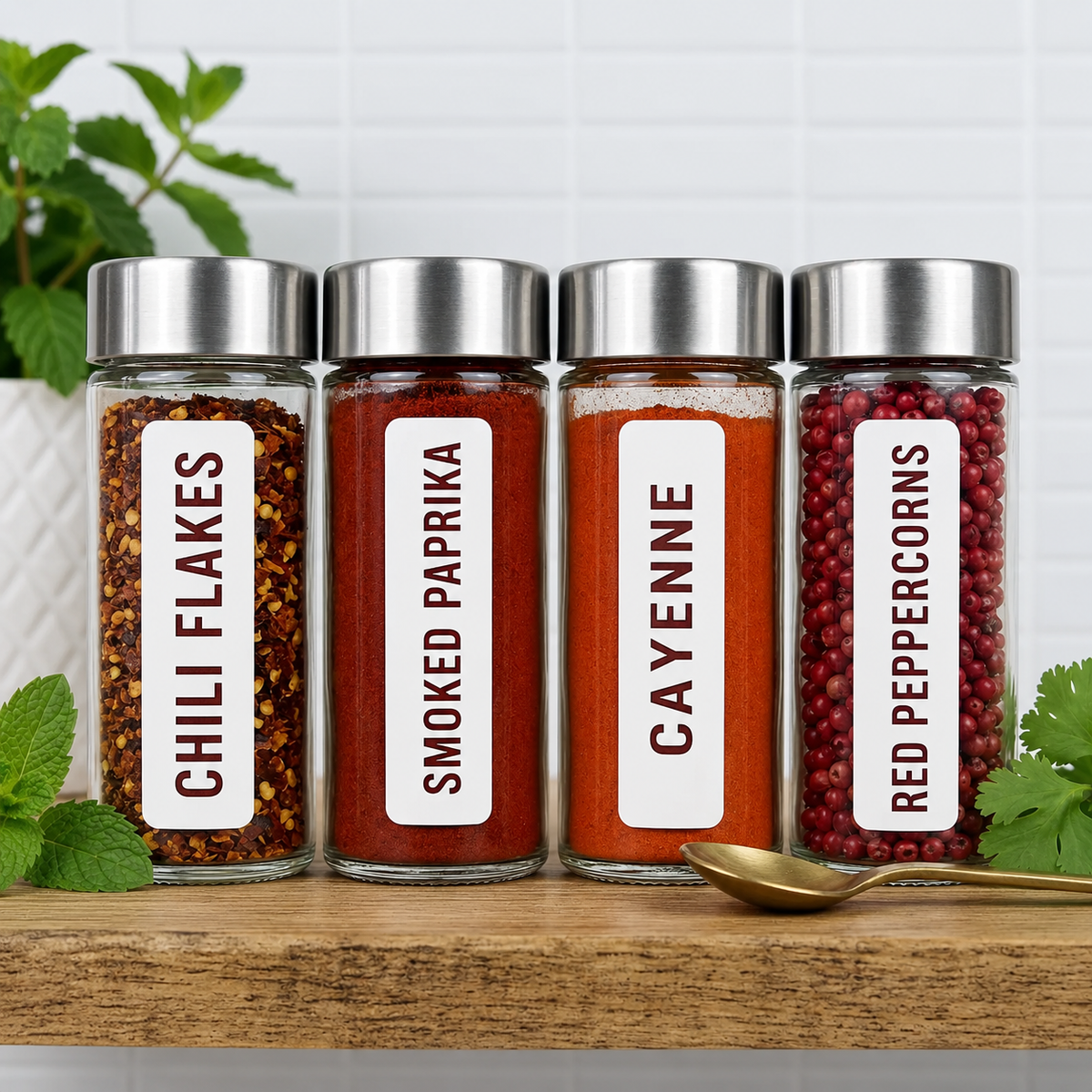 Custom vinyl stickers used as durable spice jar labels for chili flakes, paprika, cayenne and red peppercorns.