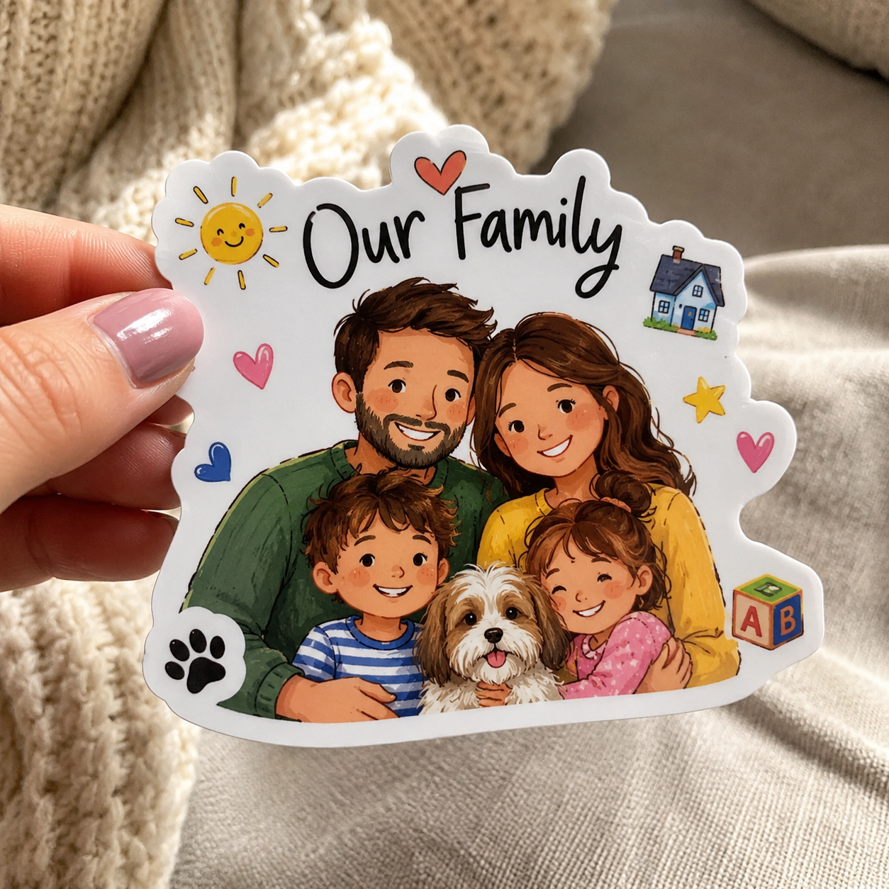 Close-up of a person holding a custom waterproof family reunion sticker featuring a detailed illustrated family with a puppy.