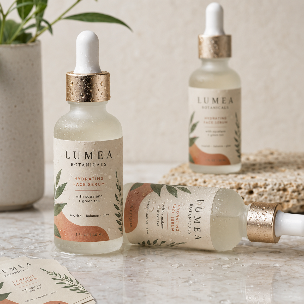 Premium waterproof labels for cosmetic dropper bottles made of high-quality vinyl material, showing durability against moisture and droplets on a marble surface.