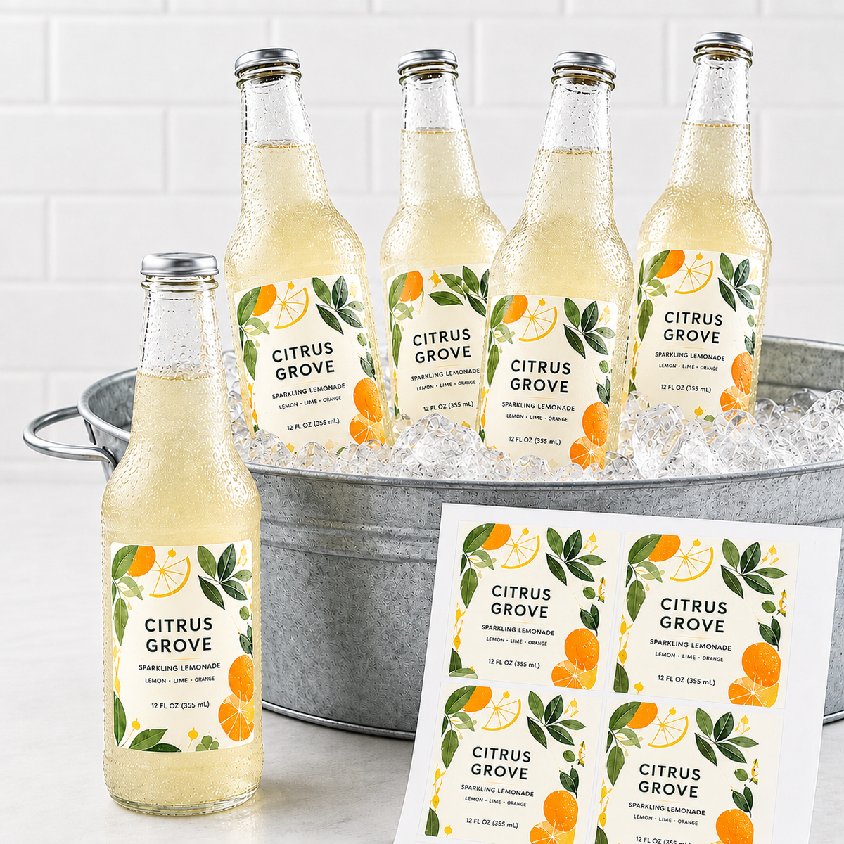 Custom waterproof labels for beverage bottles submerged in an ice bucket, showcasing oil and water resistance with vivid, high-definition printing on vinyl material.