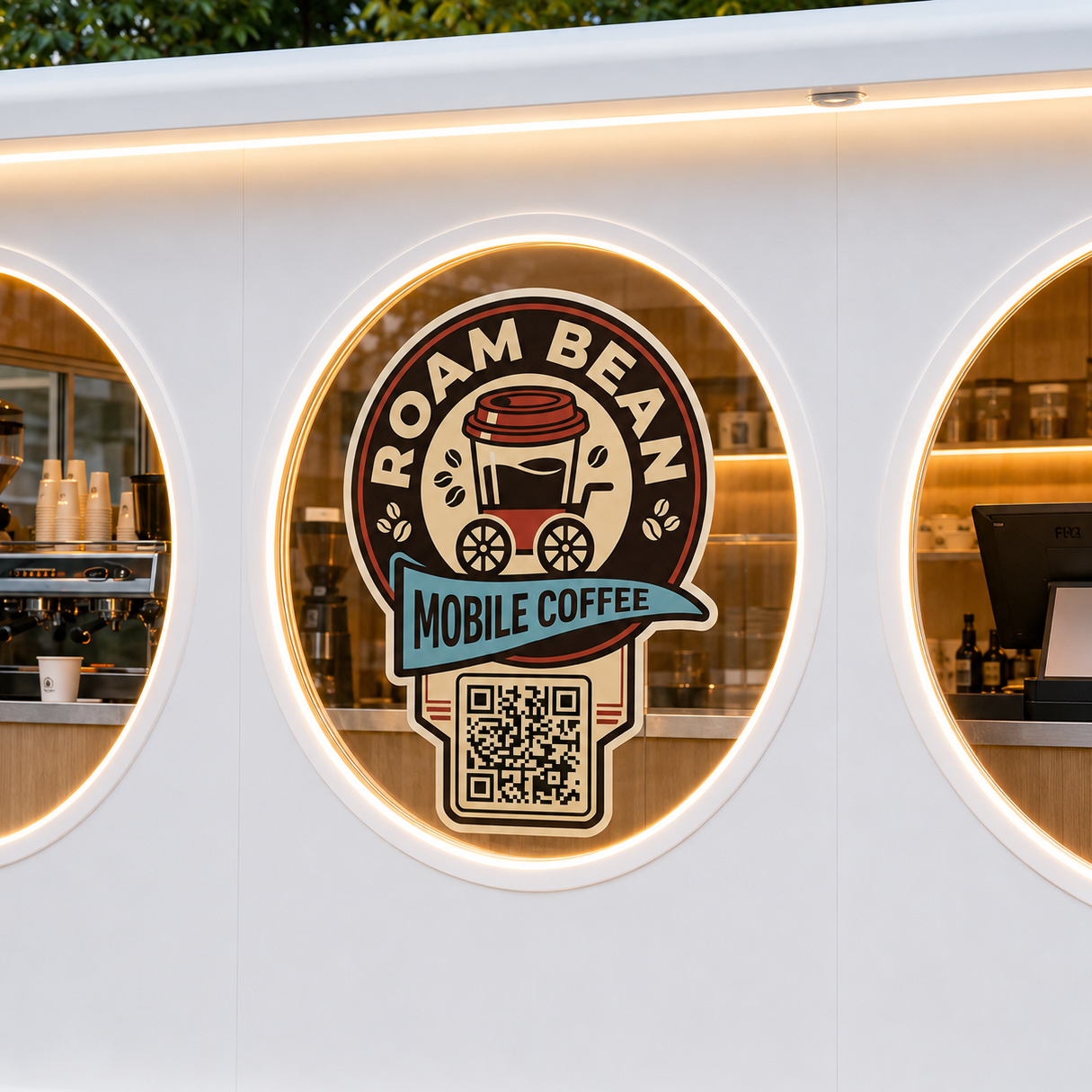 Custom waterproof QR code sticker on a mobile coffee shop window.