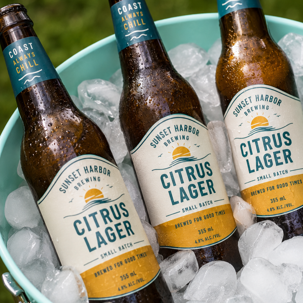 Custom waterproof vinyl beer labels on citrus lager bottles chilling in an ice bucket with condensation water droplets, showcasing durable sticker material for breweries.