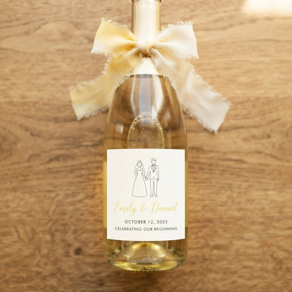 Custom wedding champagne bottle label featuring a bride and groom silhouette in elegant gold and white, personalized with names and wedding date.
