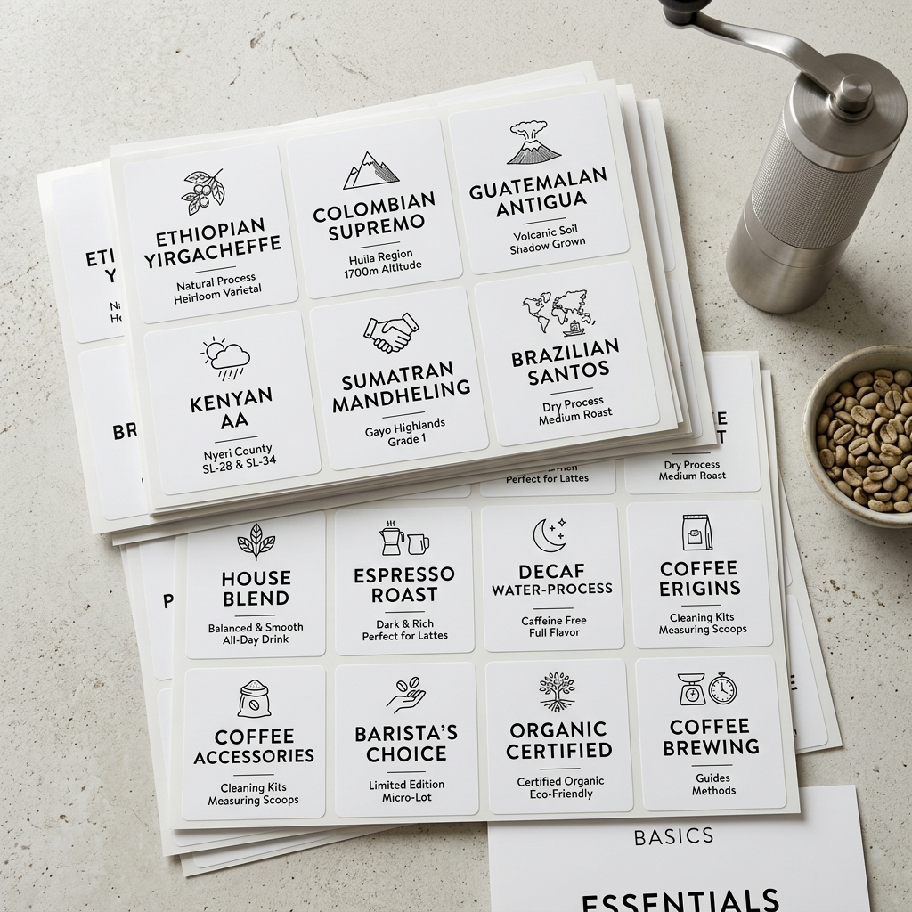 A stack of square white vinyl labels, featuring minimalist black ink designs for coffee bean varieties and brewing accessories.