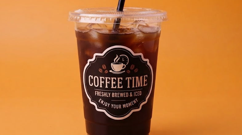 Custom white vinyl label on a clear iced coffee cup with a bold black Coffee Time design.